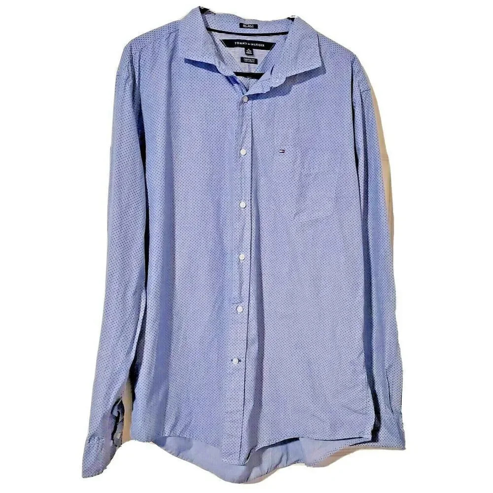 Tommy Hilfiger Mens‎ Shirt Xlarge Blue Polka Dot Chambray Custom Fit Button Down